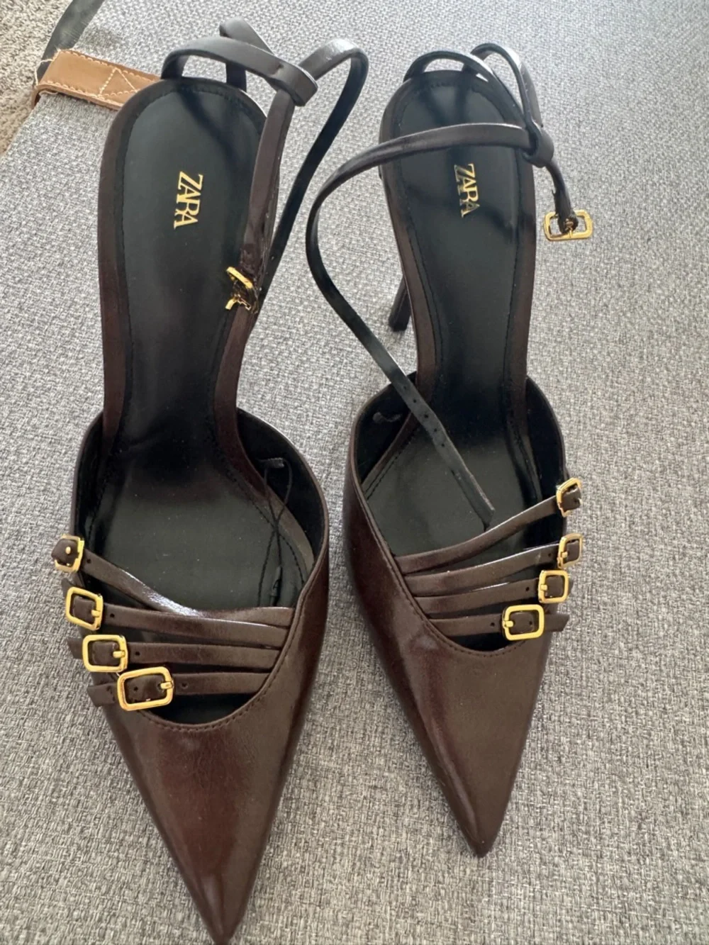 Zara Chocolate Brown Pointed Toe Strappy Heels with Gold Buckles - Picture 3 of 7